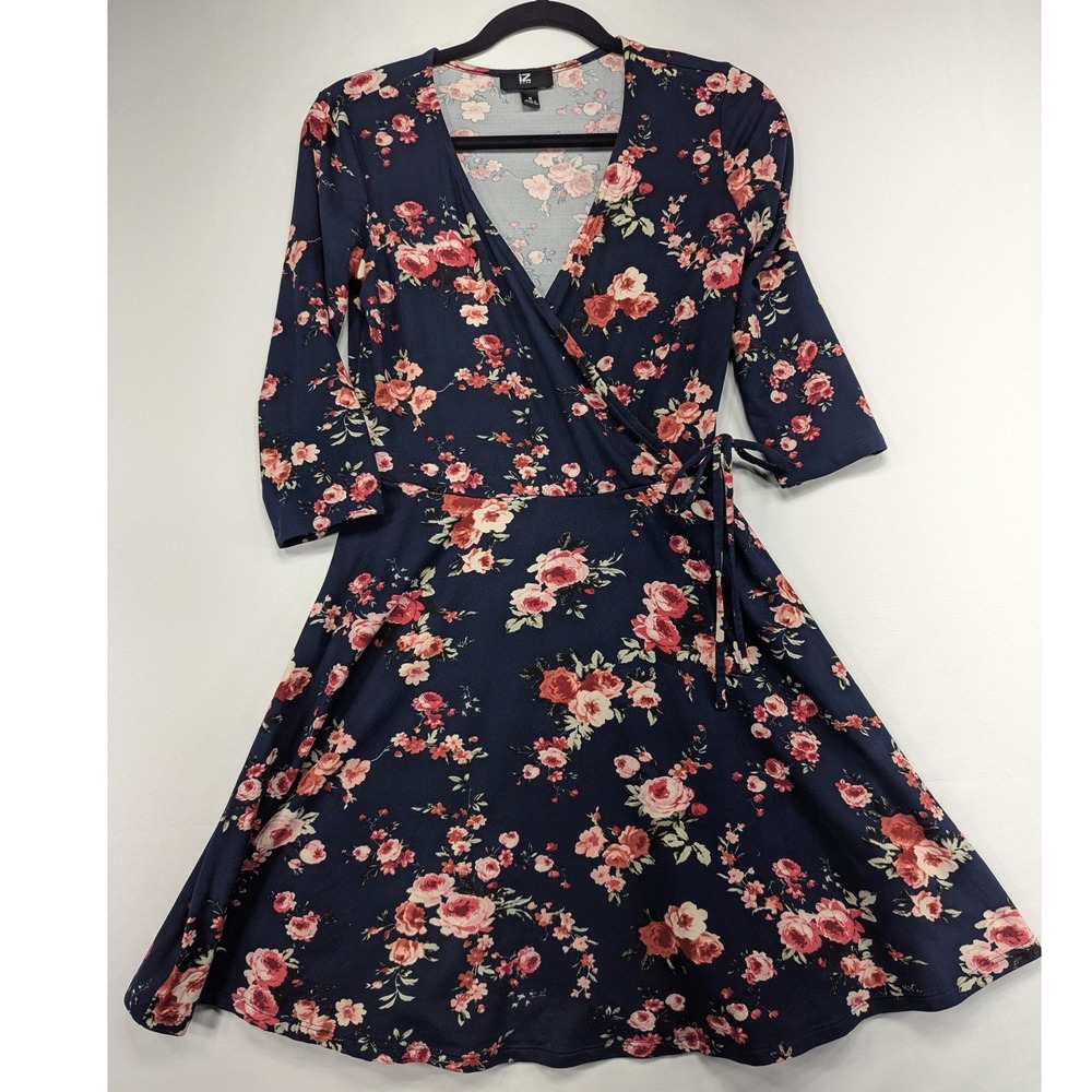 IZ Byer Womens Wrap Dress Floral Print Navy Pink Blue Size M